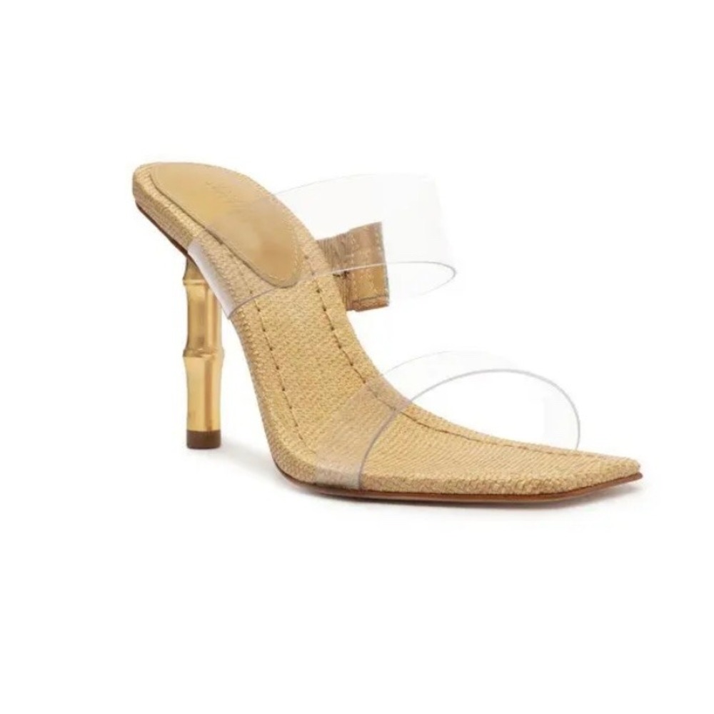 Schutz Ariella Natural Bamboo Leather Square Toe Sandals Clear Vinyl Straps SZ 9